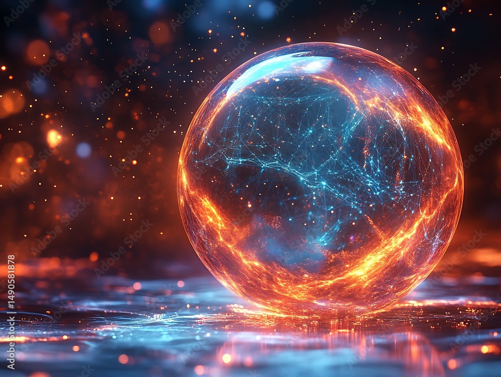 Poster digital sphere with luminous networks, depicting advanced technology concepts