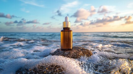 sleek cosmetic oil bottle sitting on a stone amidst the beach, evoking a sense of luxury and wellness with the endless ocean as the perfect backdrop.