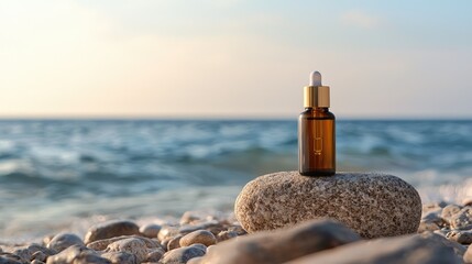 sleek cosmetic oil bottle sitting on a stone amidst the beach, evoking a sense of luxury and wellness with the endless ocean as the perfect backdrop.