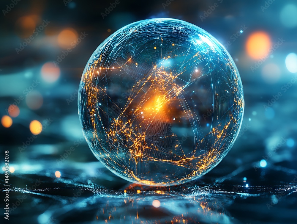 Poster interconnected network sphere with glowing nodes and blue abstract background