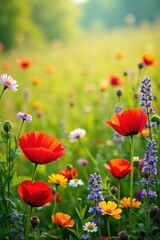 Obraz premium Vibrant Wildflowers Bloom in a Sun-Drenched Meadow, Creating a Lush Tapestry of Colors and Textures