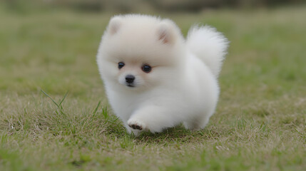 A fluffy white Pomeranian puppy joyfully running through a grassy field.