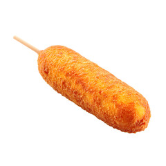 Hot corn dog presented in controlled studio environment with white background highlighting contrast between outer crunch and soft interior texture