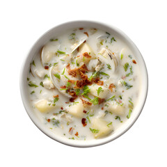 Savory clam chowder presented in professional studio setting with white background showcasing thick broth, potato chunks, and balanced food composition