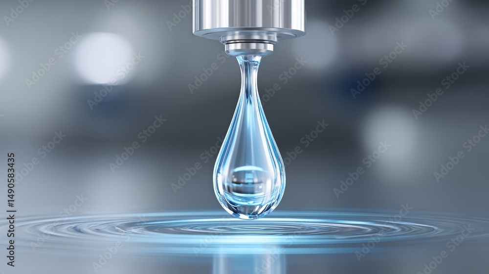 Poster close-up of a precise water droplet forming at a nozzle in a modern laboratory environment