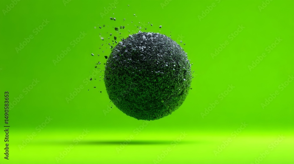 Aufkleber digital orb exploding into glitch fragments against a vibrant green background