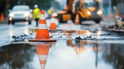 Construction Work Zone with Traffic Cones and Water on Street Surface