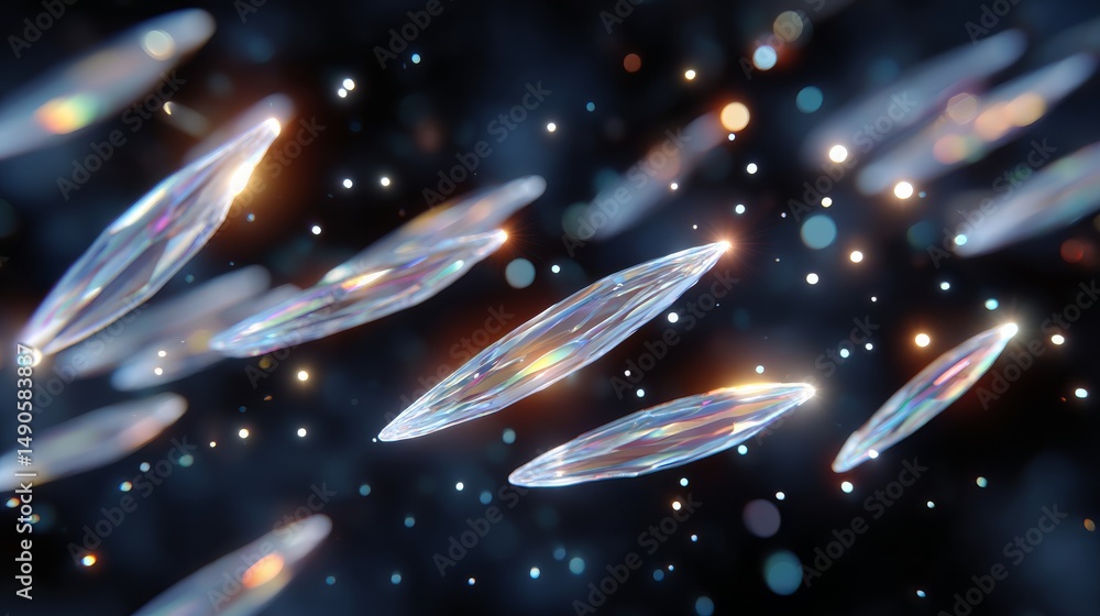 Poster glowing crystals dropping into cosmic void surrounded by shimmering particles