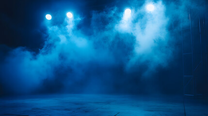 A dramatic stage lit with cool blue lights and enveloped in mist, creating an atmospheric setting for performances.