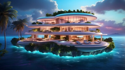 Obraz premium A glowing private island mansion with radiant floating drones delivering vibrant meals, Cinematic theme, HDR, Vibrant