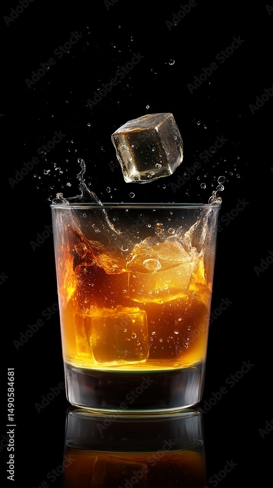 Poster a refreshing drink splashes into a glass. ice cubes create a dynamic scene. perfect for showcasing c
