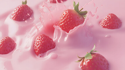 Fresh strawberries splashing in a vibrant pink creamy liquid, creating a delightful and appetizing scene.