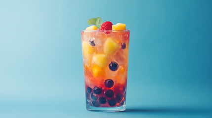 Vibrant cocktail with layers of fruit, ice, and a garnish, exuding a refreshing summer vibe.