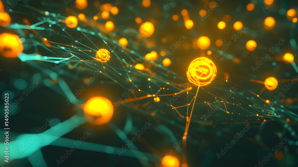 Poster abstract representation of interconnected nodes and glowing spheres in a digital network.