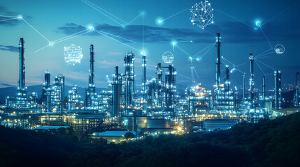 Fototapeta premium A futuristic industrial complex illuminated at night, showcasing advanced technology and connectivity in energy production.