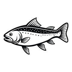 Detailed black and white illustration of a stylized fish with fin details and body spots