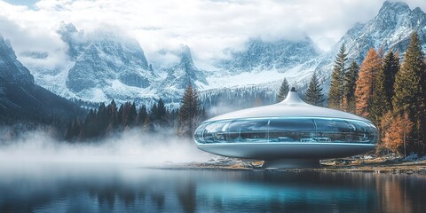 Obraz premium Futuristic Glass Building Overlooking Misty Mountain Lake: Sleek Architecture Meets Natural Grandeur. Panoramic Circular Windows Frame Breathtaking Alpine Views. Modern Design Contrasts with Serene La