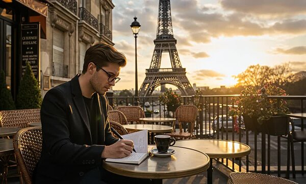 Paris cafe Writing at sunset with the Eiffel Tower in view