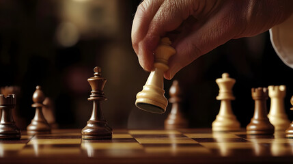 A male hand of Middle-Eastern descent strategically moves a chess piece on a wooden board, capturing attention in a tense game.