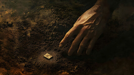 A weathered hand reaching into rich, dark soil, discovering a hidden object that sparks curiosity and intrigue.