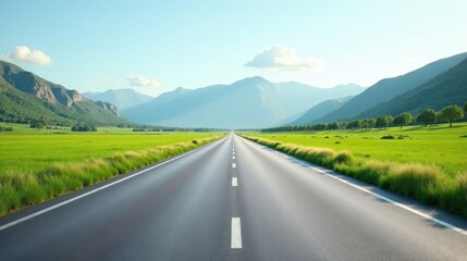 Naklejka premium Asphalt ribbon unwinding towards a vista of verdant meadows and majestic mountains under a tranquil sky