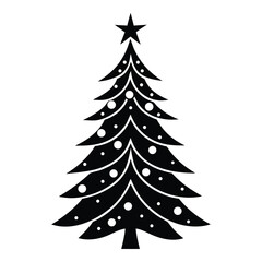 Minimalist black christmas tree silhouette with star and decorative elements isolated on white background