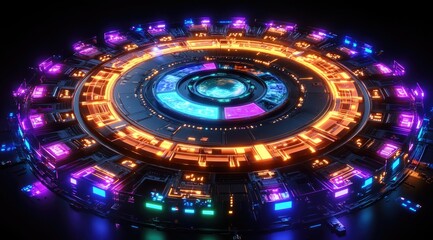 A circular, futuristic device glows with vibrant neon purple, orange, and blue lights.  Its intricate, metallic design features concentric rings and glowing components, suggesting advanced technology