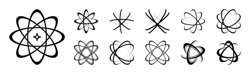 Y2K modern design elements set. Brutal unusual shapes collection. Sphere, circle, nucleus, atom. Aesthetic vector black retro forms for a project, template, app, banner, print, streetwear.