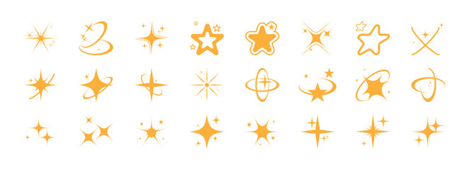 Aesthetic yellow sparkle y2k icon, sign set. Stars, sparks, shine, galaxy, starburst retro collection. Design shiny elements, shapes for a poster, banner, background,  stickers. Vector illustration.