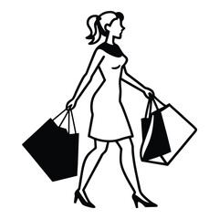 Stylish woman walking with shopping bags black and white vector illustration