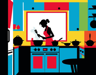 Woman Cooking Silhouette in Colorful Kitchen- Modern Pop Art Illustration of Home Chef at Work- Kitchen Decor and Design Inspiration