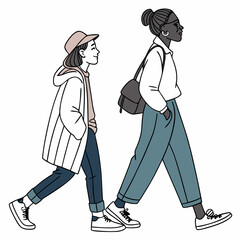 Two diverse women walking together stylish illustration
