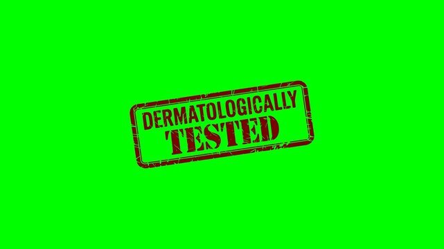 Animated "Dermatologically Tested" red rubber stamp on a green screen chroma key background for promoting skincare, cosmetic, and personal care products tested for skin safety