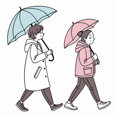 Couple walking in rain with umbrellas cute illustration