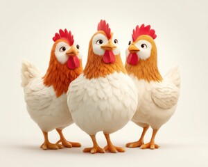 Fototapeta premium Three Playful Cartoon Chickens with Cheerful Expressions Gathering Together