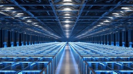 Naklejka premium Aerial View of a Large Data Center with Rows of Servers and Lights