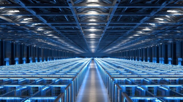 Aerial View of a Large Data Center with Rows of Servers and Lights
