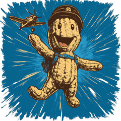 Joyful cartoon character wearing helmet and backpack is flying with toy airplane on vibrant blue background