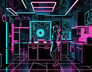 Futuristic Neon Kitchen Scene-Woman Cooking in a Cyberpunk Style-Glow in the Dark Kitchen Design-Modern Neon Lighting and Kitchenware-Retro Cyberpunk Art