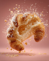 Croissant cracked open in midair with golden flaky layers and white powdered sugar falling around it, creating dynamic and appetizing scene full of texture and warmth