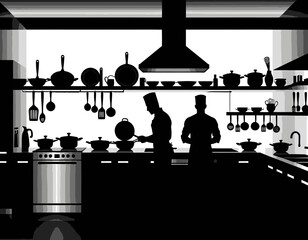 Professional Kitchen Silhouette-Chefs at Work-Culinary Art-Black and White Kitchen Scene-Restaurant Kitchen Design-Cooking Equipment-Chef Life