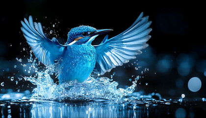 Azure bird emerges from water, wings spread, creating a splash with bokeh background, bright blue