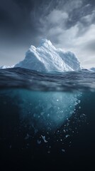 Eye-level shot of Iceberg breaking into smaller pieces in a warming ocean.