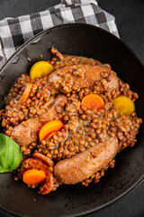 Sausage with lentils and vegetables appetizer vegetable dish fresh tasty gourmet food background on the table rustic food top view copy space