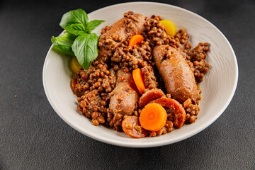 Sausage with lentils and vegetables appetizer vegetable dish fresh tasty gourmet food background on the table rustic food top view copy space