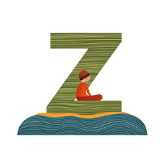 Child in red sits on large letter Z, surrounded by colorful waves, creating playful and imaginative scene
