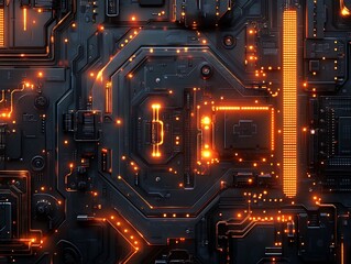 Complex circuit board featuring illuminated connections and intricate design