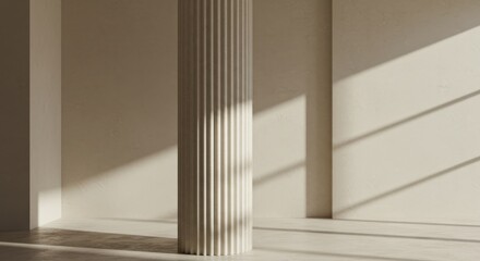 Fototapeta premium Architectural interior with fluted column sunlight play shadows background texture design concept