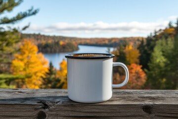 A white enamel mug of coffee sits on a wooden railing overlooking a serene autumnal lake and forest landscape under a mostly clear sky
