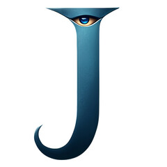 Large metallic letter J with eye embedded upper part designed modern artistic style with smooth reflective surface and dark